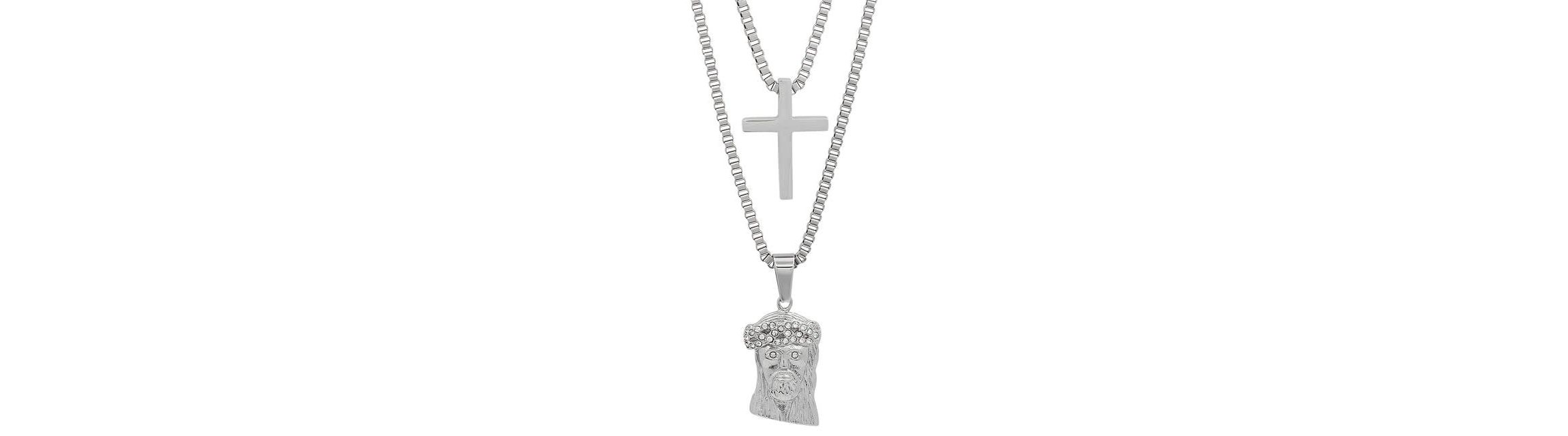 Mens 18k gold plated stainless steel double layered cross and jesus with simulated diamonds necklace