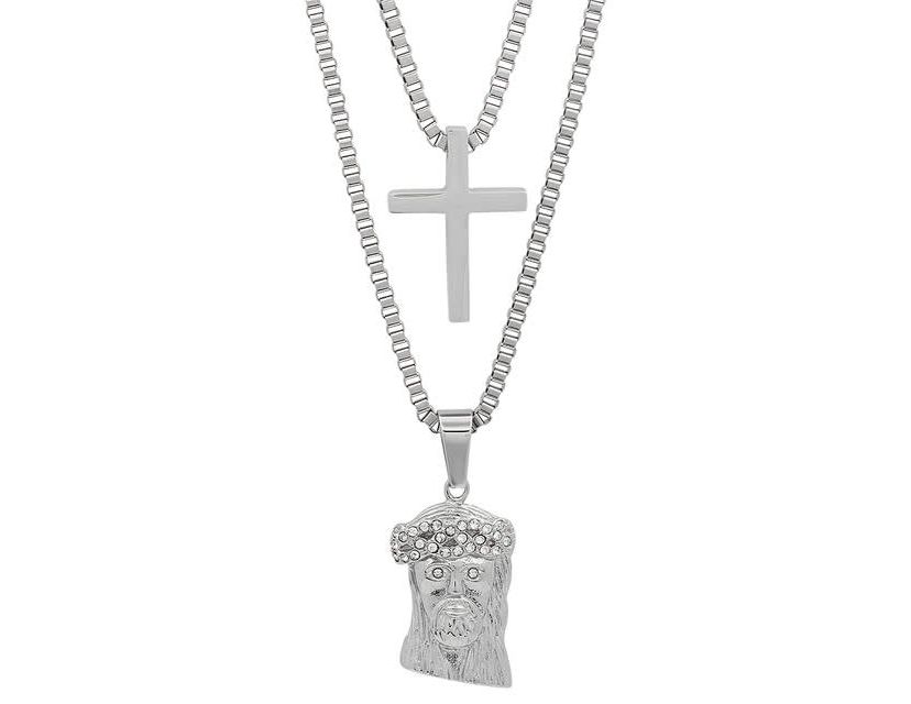 Mens 18k gold plated stainless steel double layered cross and jesus with simulated diamonds necklace