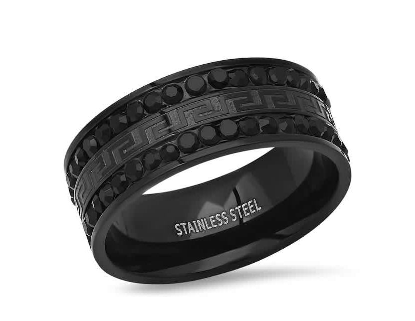 Mens black ip stainless steel and simulated black diamonds band ring