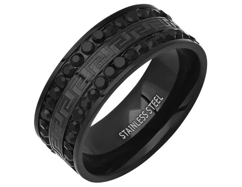 Mens black ip stainless steel and simulated black diamonds band ring