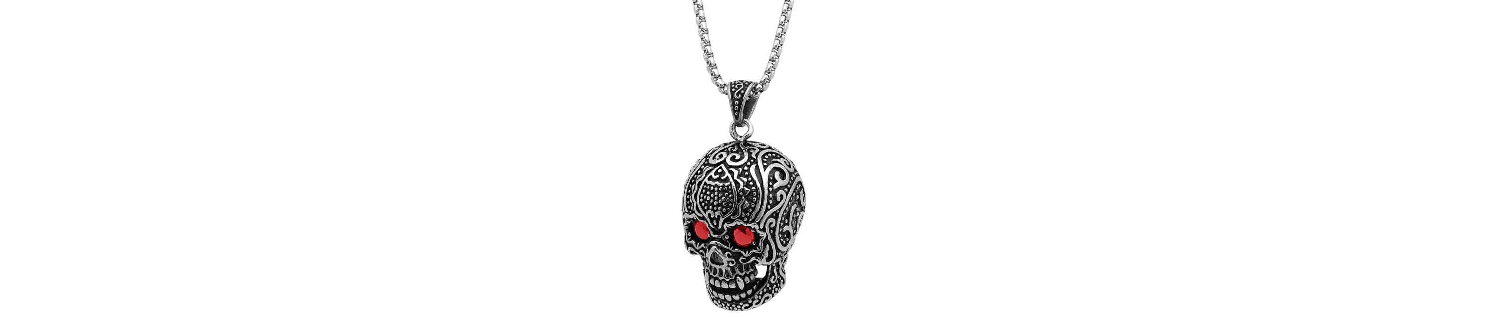 Mens stainless steel skull pendant with Red simulated diamonds
