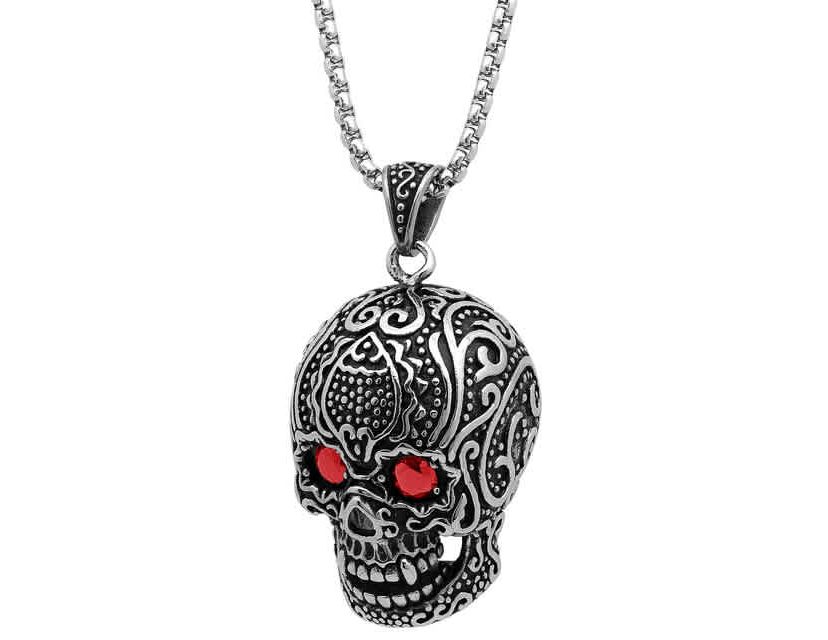 Mens stainless steel skull pendant with Red simulated diamonds