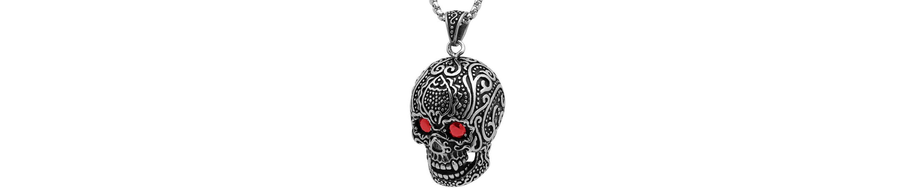 Mens stainless steel skull pendant with Red simulated diamonds