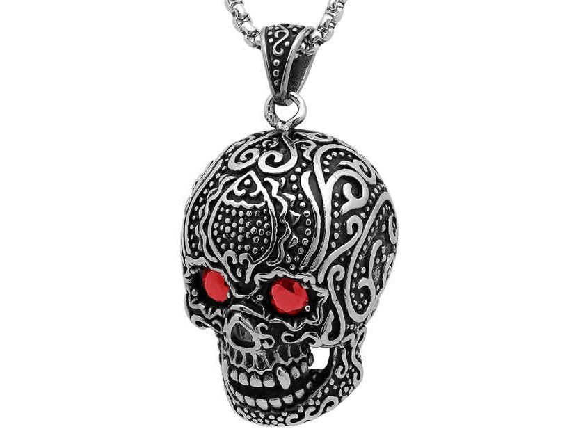 Mens stainless steel skull pendant with Red simulated diamonds