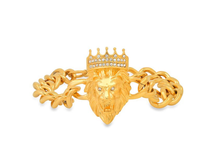 Mens stainless steel cuban link and simulated diamonds lion head & crown bracelet