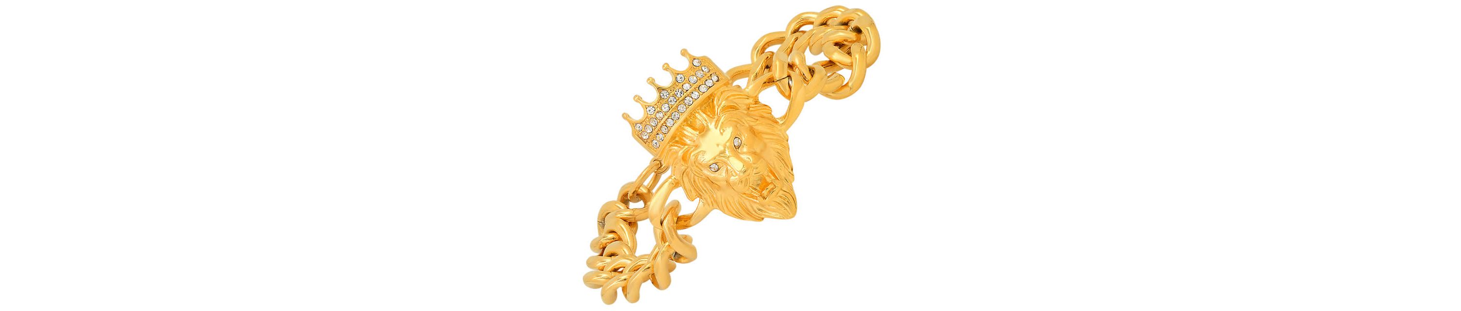Mens stainless steel cuban link and simulated diamonds lion head & crown bracelet