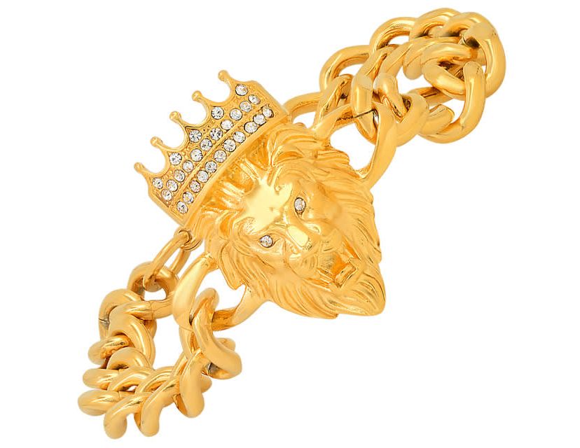 Mens stainless steel cuban link and simulated diamonds lion head & crown bracelet