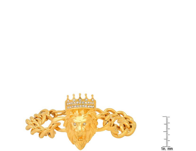 Mens stainless steel cuban link and simulated diamonds lion head & crown bracelet