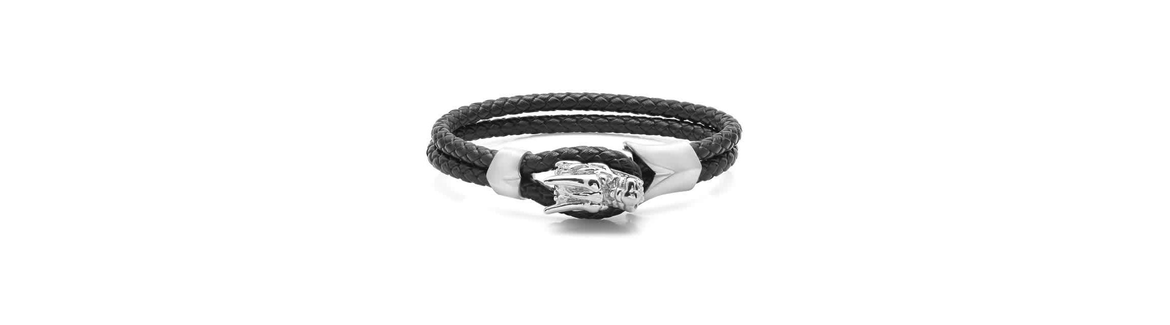 Mens black braided leather bracelet with stainless steel dragon head design