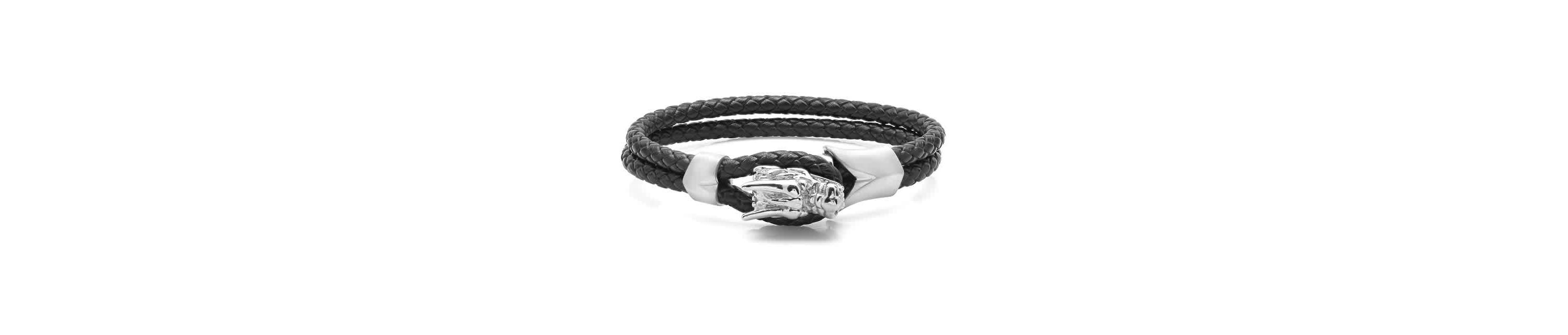 Mens black braided leather bracelet with stainless steel dragon head design