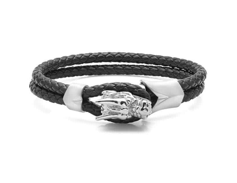 Mens black braided leather bracelet with stainless steel dragon head design