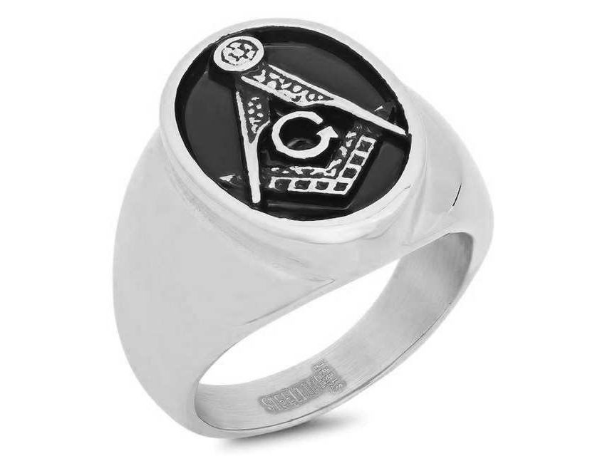 Mens Stainless Steel and Black IP Masonic Ring 