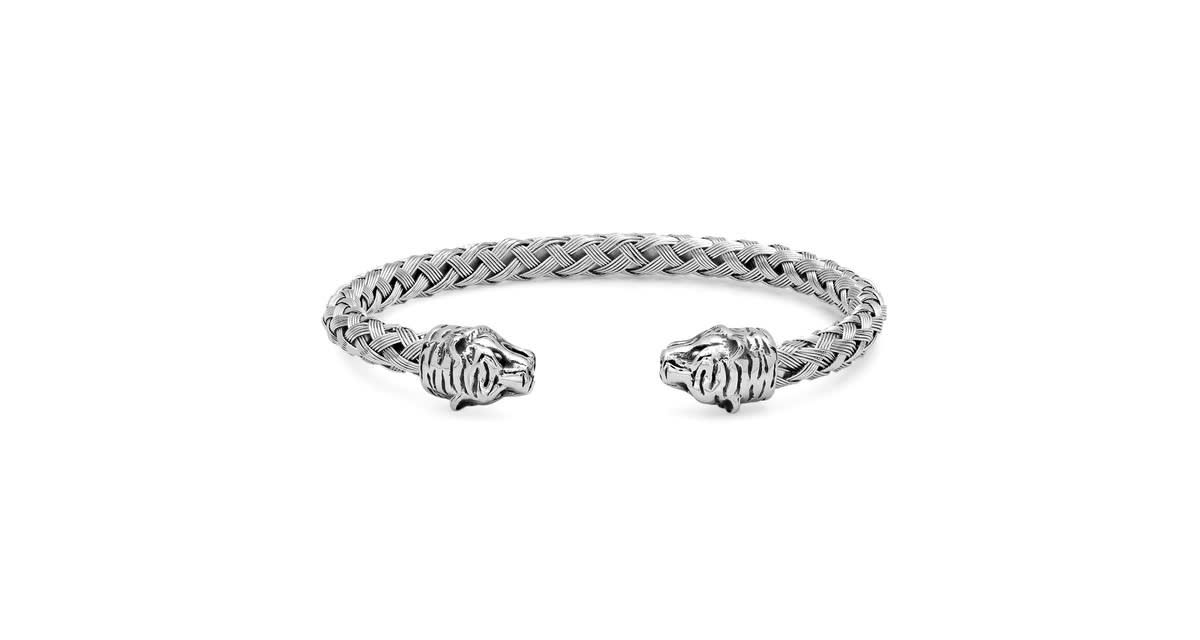 Mens 18k gold plated stainless steel braided wire tiger head bracelet