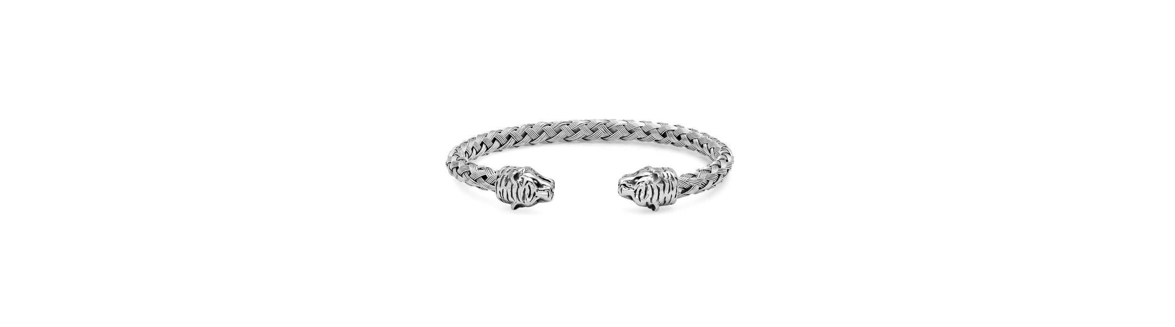 Mens 18k gold plated stainless steel braided wire tiger head bracelet