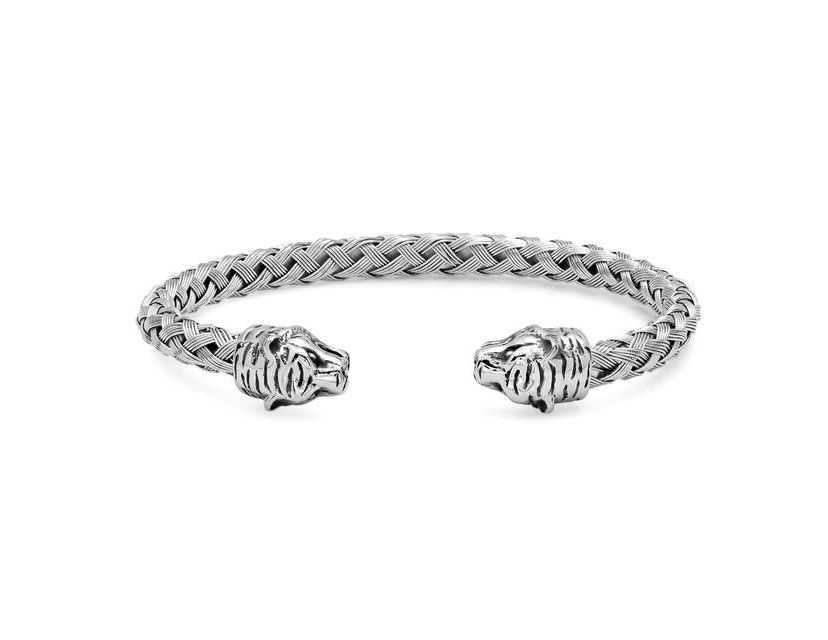 Mens 18k gold plated stainless steel braided wire tiger head bracelet