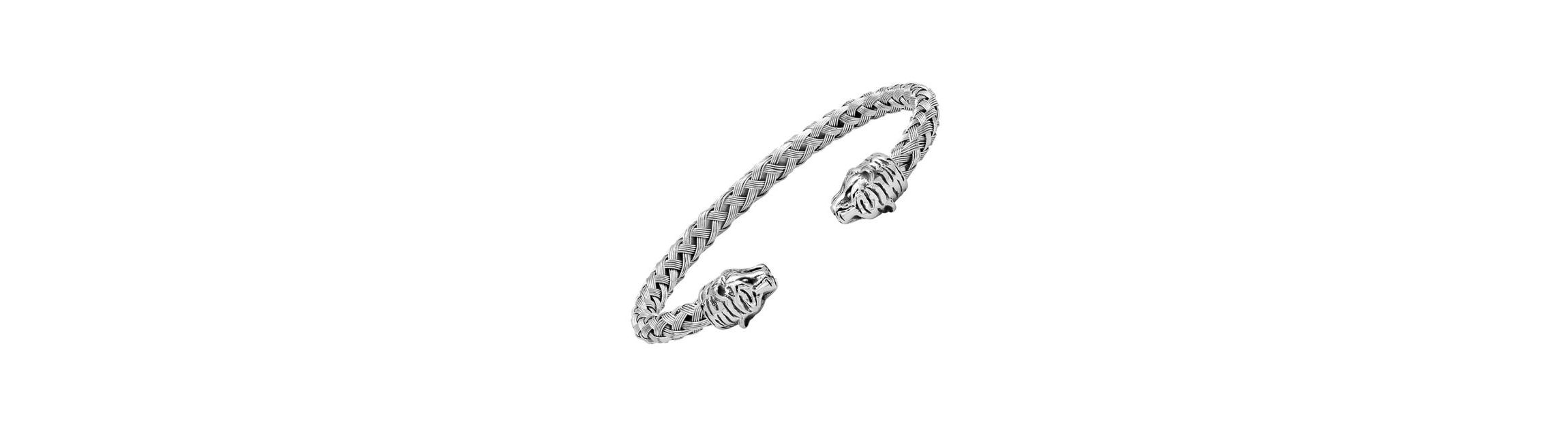 Mens 18k gold plated stainless steel braided wire tiger head bracelet