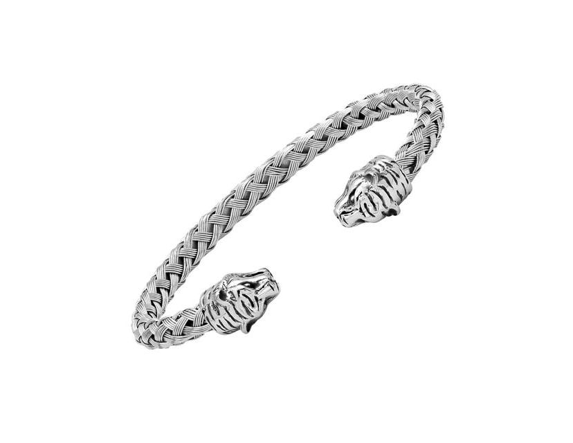 Mens 18k gold plated stainless steel braided wire tiger head bracelet