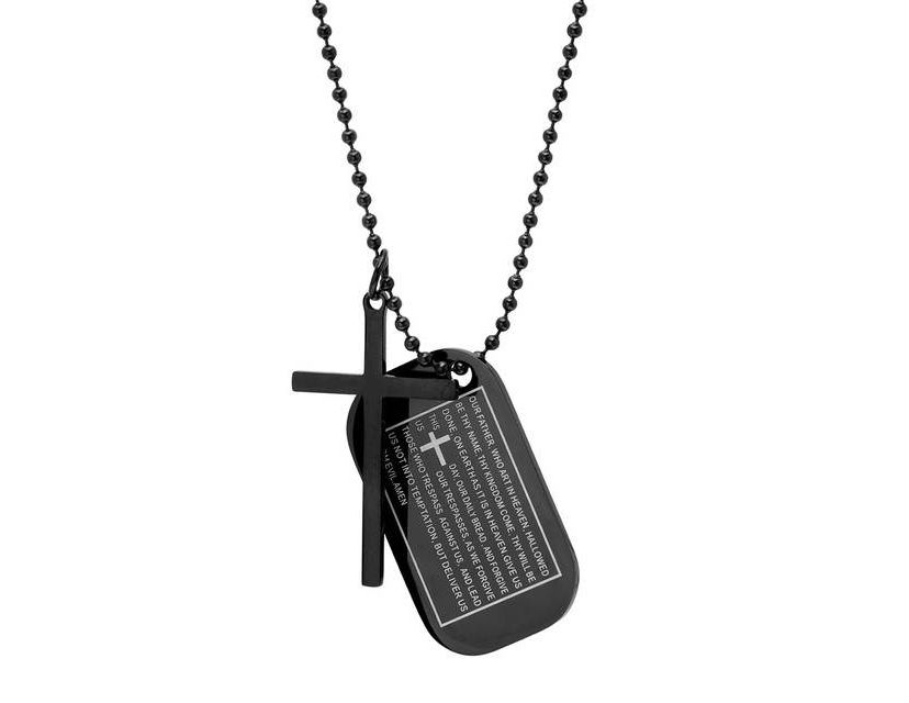 Mens stainless steel cross and Our Father prayer dog tag pendants on ball chain