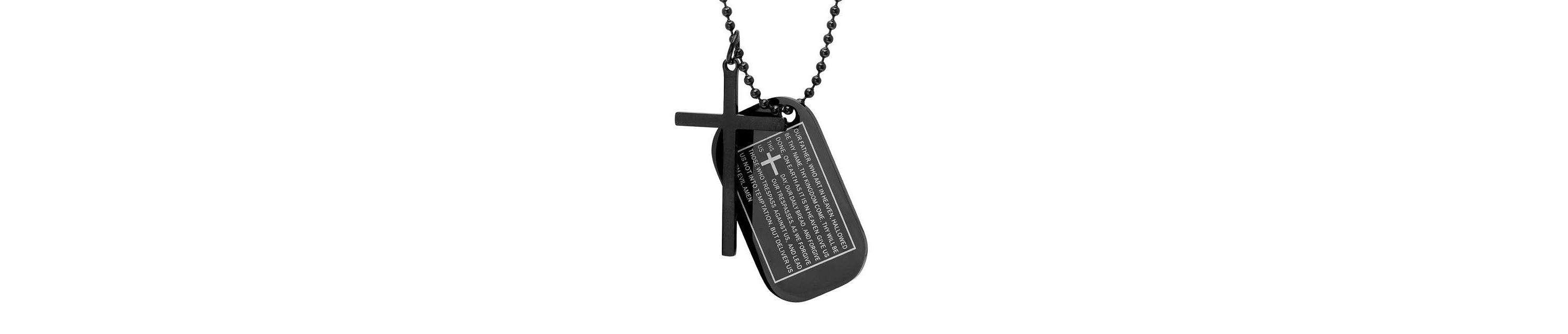 Mens stainless steel cross and Our Father prayer dog tag pendants on ball chain