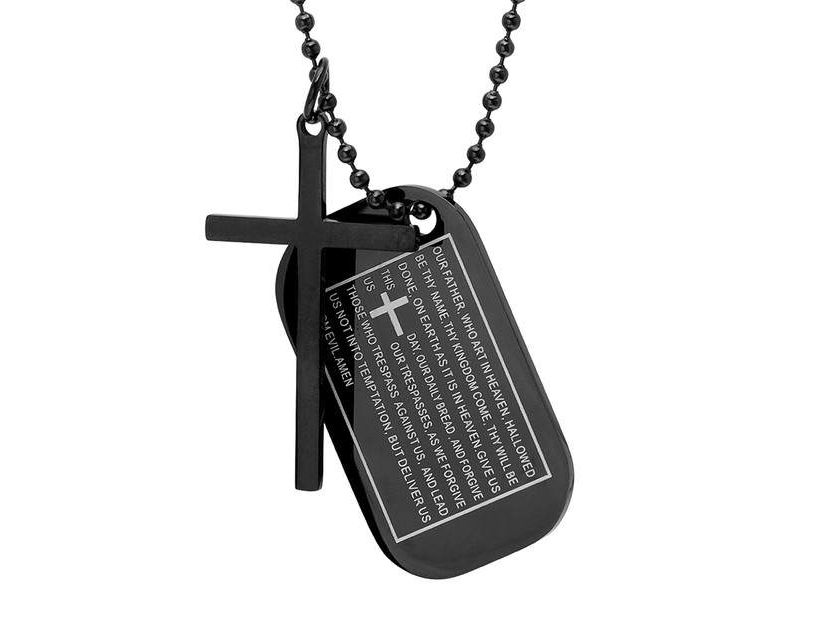 Mens stainless steel cross and Our Father prayer dog tag pendants on ball chain