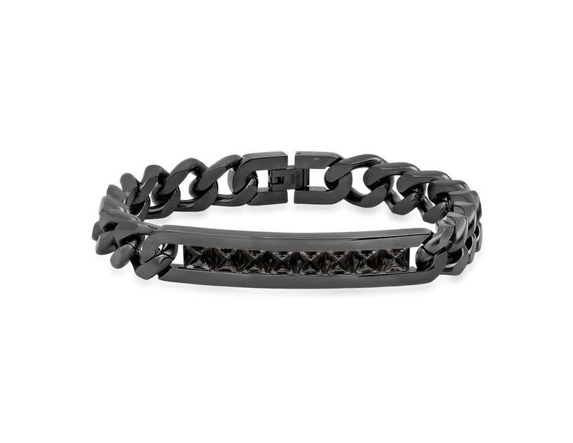Mens black ip stainless steel thick cuban link chain and simulated black diamonds id bracelet