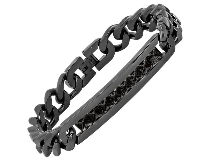 Mens black ip stainless steel thick cuban link chain and simulated black diamonds id bracelet
