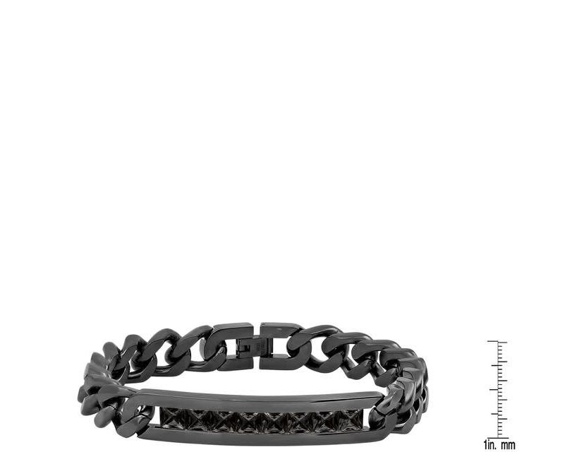 Mens black ip stainless steel thick cuban link chain and simulated black diamonds id bracelet