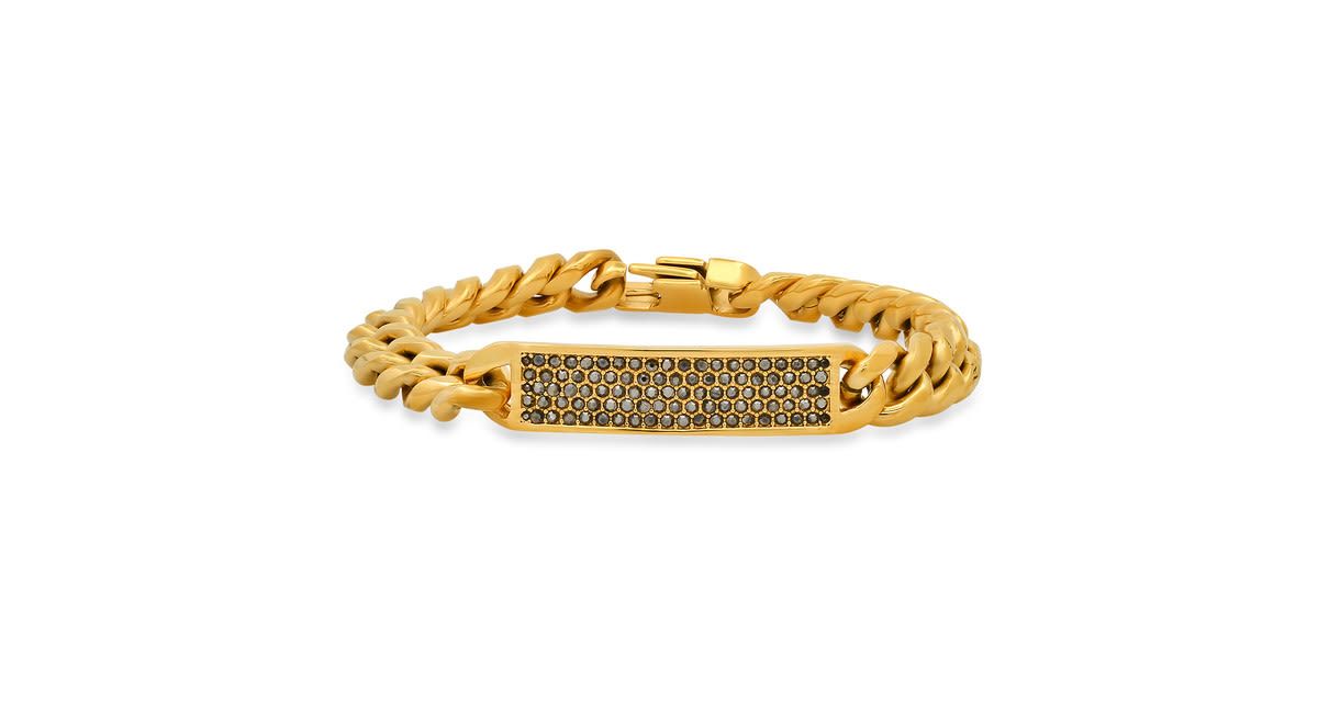 Mens stainless steel and simulated gray diamonds cuban link id bracelet