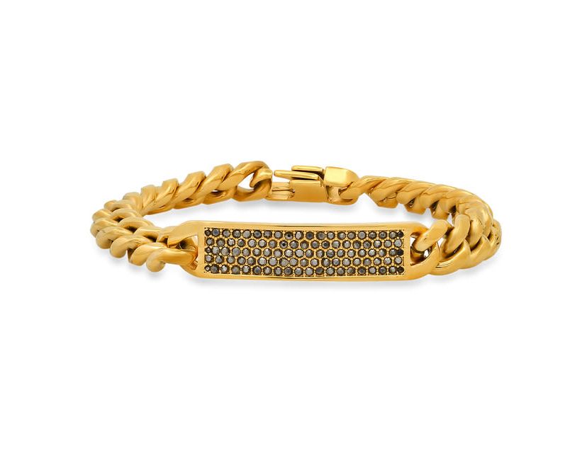 Mens stainless steel and simulated gray diamonds cuban link id bracelet
