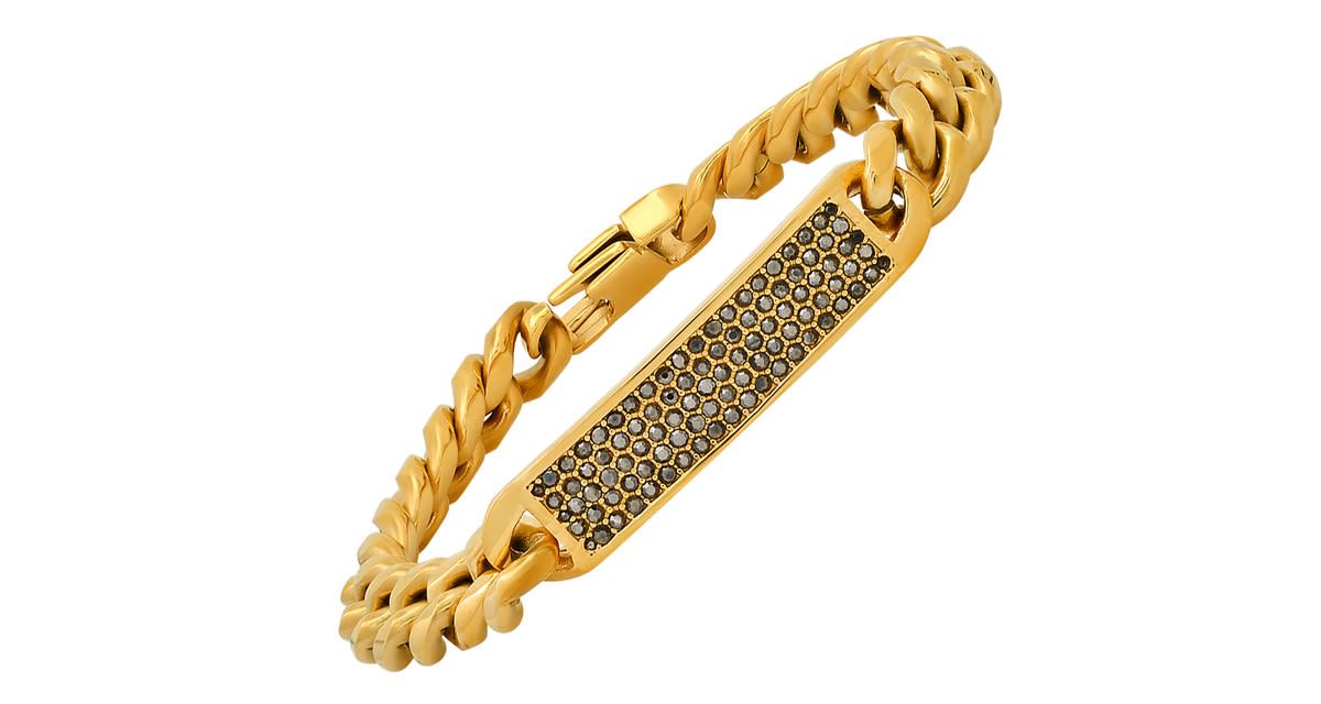 Mens stainless steel and simulated gray diamonds cuban link id bracelet