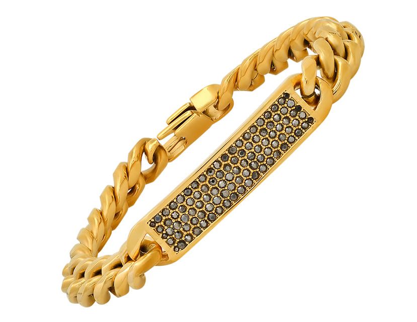 Mens stainless steel and simulated gray diamonds cuban link id bracelet