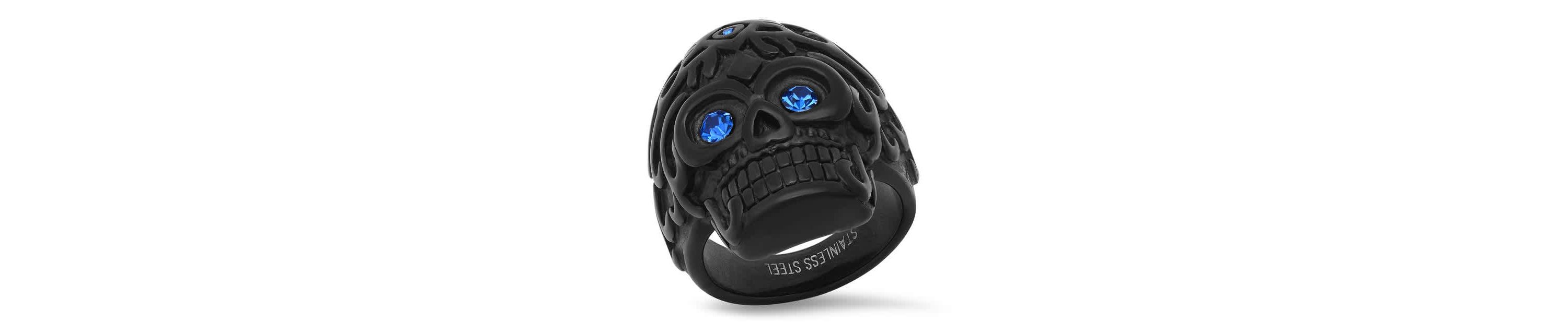 Mens black ip stainless steel and blue simulated diamonds skull ring