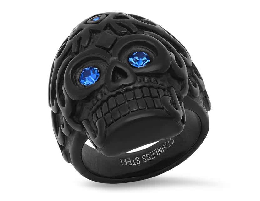Mens black ip stainless steel and blue simulated diamonds skull ring