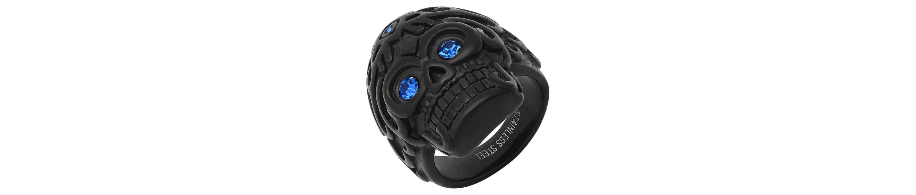Mens black ip stainless steel and blue simulated diamonds skull ring