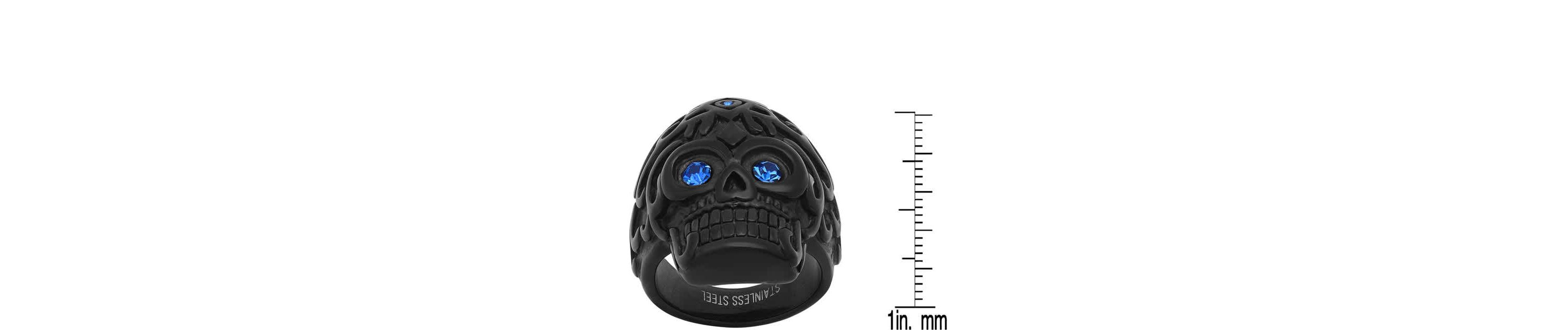 Mens black ip stainless steel and blue simulated diamonds skull ring