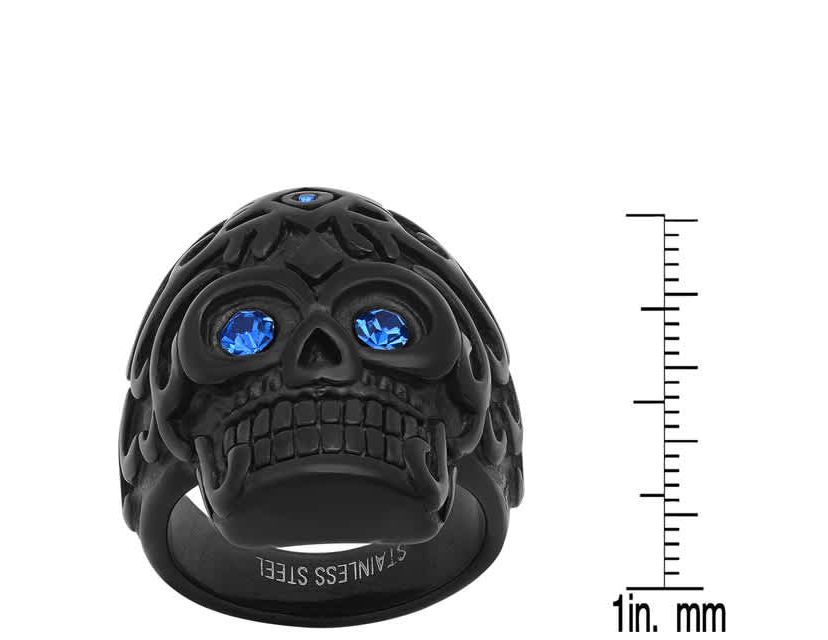Mens black ip stainless steel and blue simulated diamonds skull ring