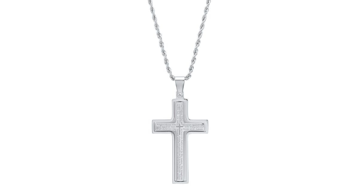 Mens two tone stainless steel and 18k gold plated our father prayer cross pendant