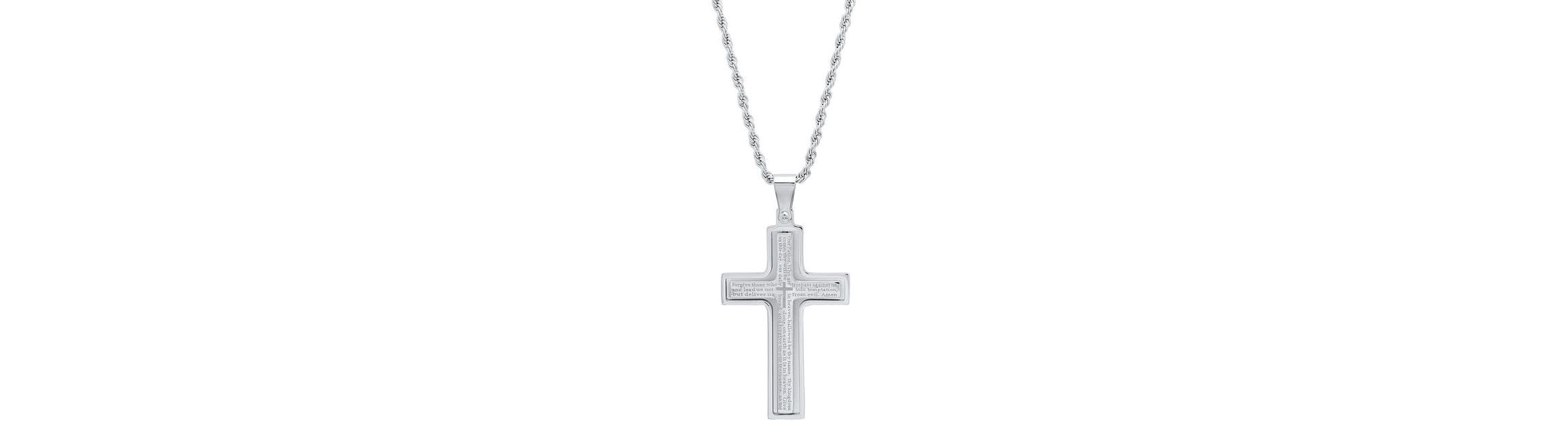 Mens two tone stainless steel and 18k gold plated our father prayer cross pendant