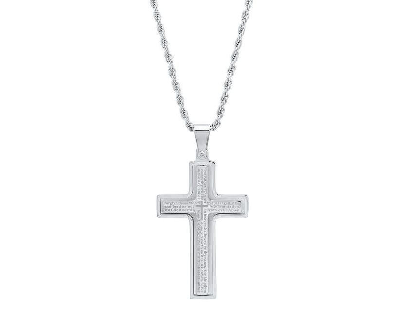 Mens two tone stainless steel and 18k gold plated our father prayer cross pendant