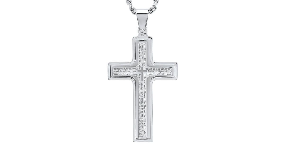 Mens two tone stainless steel and 18k gold plated our father prayer cross pendant