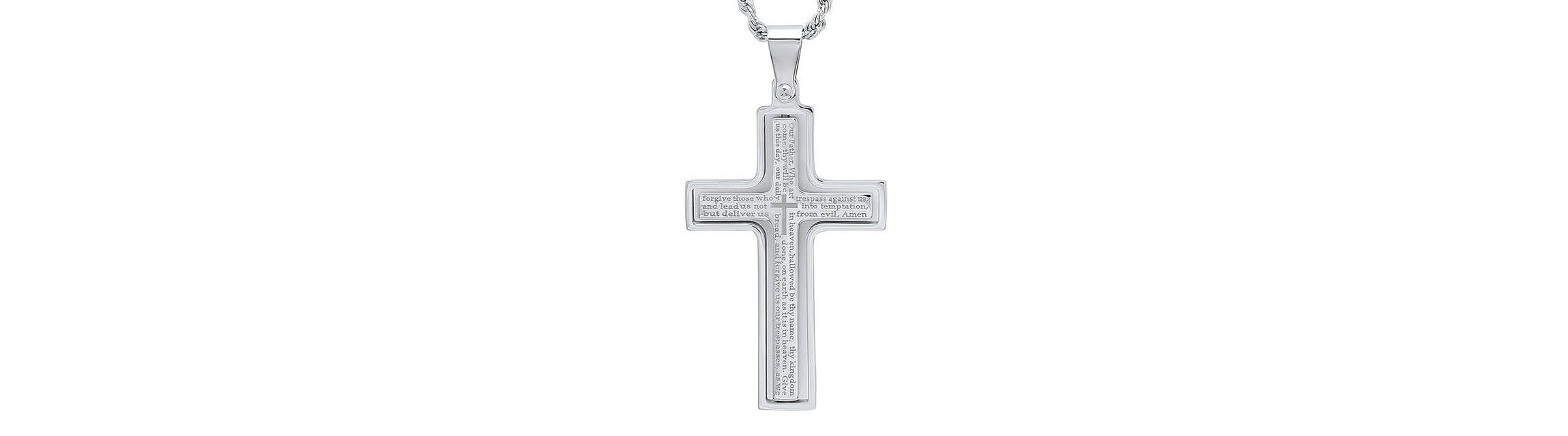 Mens two tone stainless steel and 18k gold plated our father prayer cross pendant