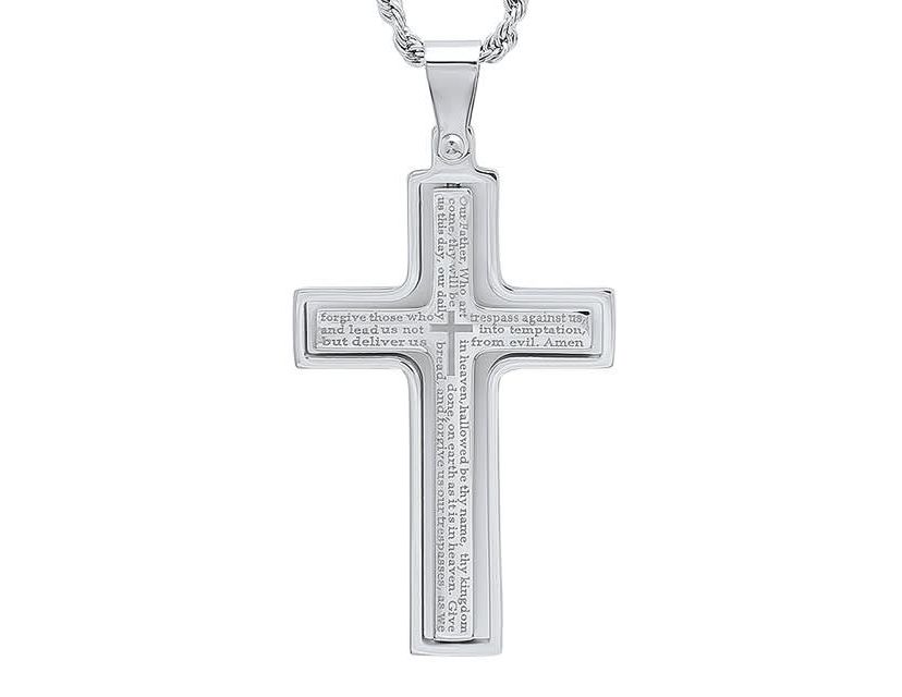 Mens two tone stainless steel and 18k gold plated our father prayer cross pendant