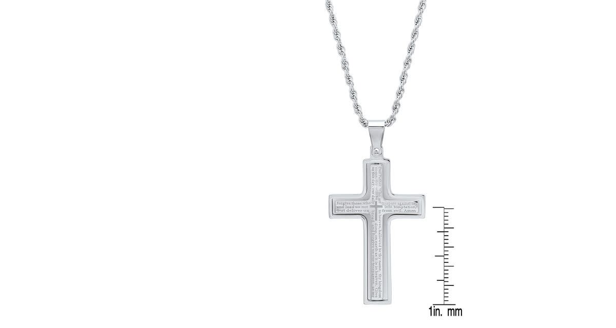 Mens two tone stainless steel and 18k gold plated our father prayer cross pendant