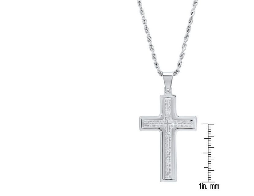 Mens two tone stainless steel and 18k gold plated our father prayer cross pendant