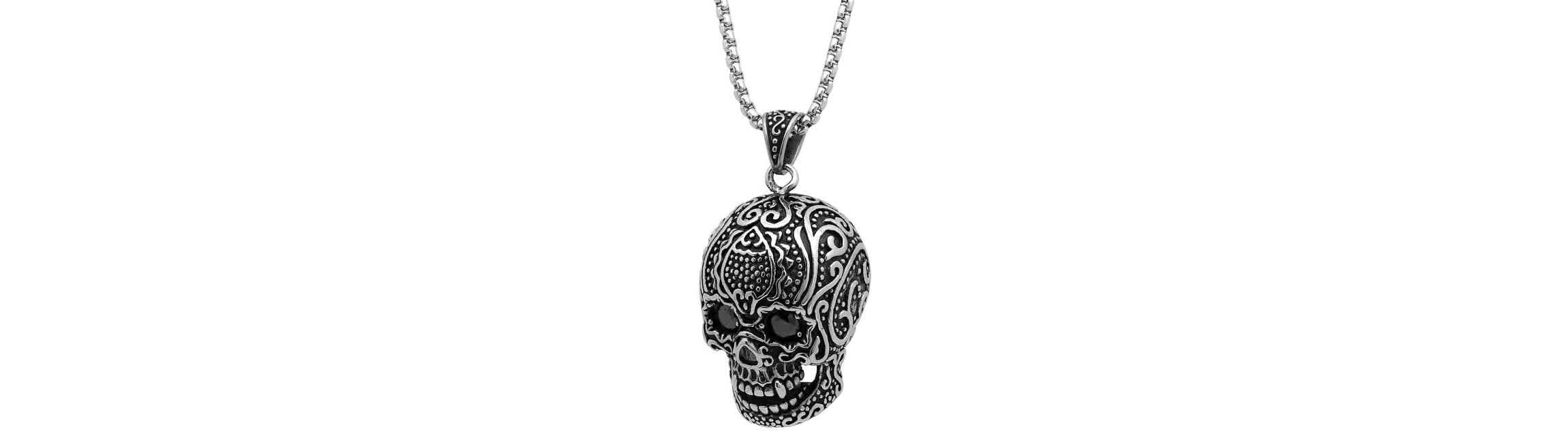 Mens stainless steel skull pendant with black cz