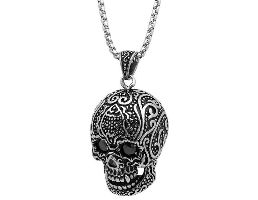Mens stainless steel skull pendant with black cz