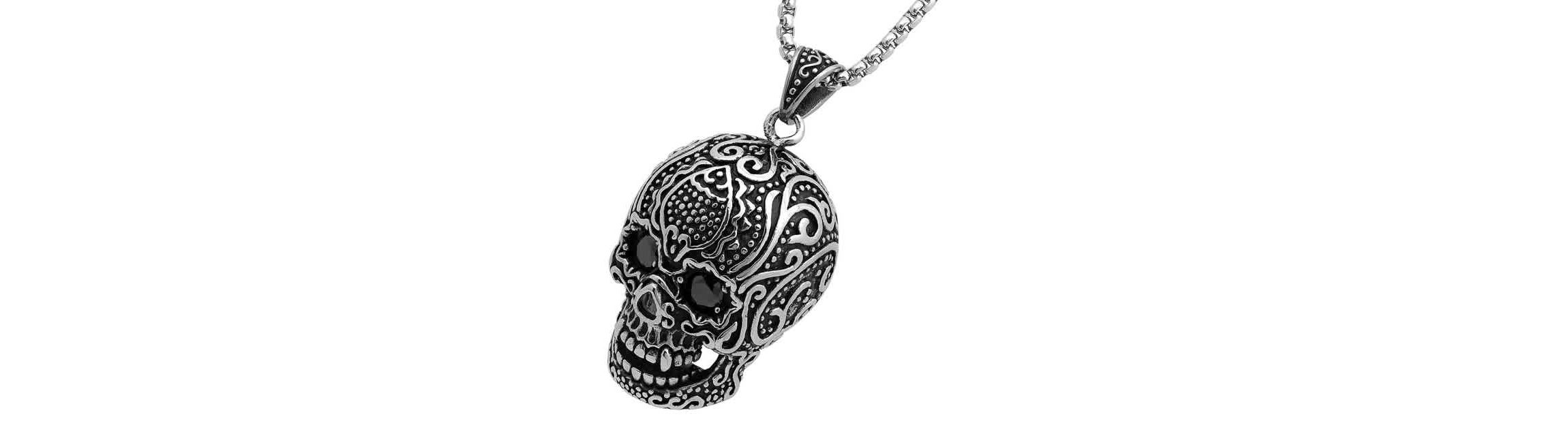 Mens stainless steel skull pendant with black cz