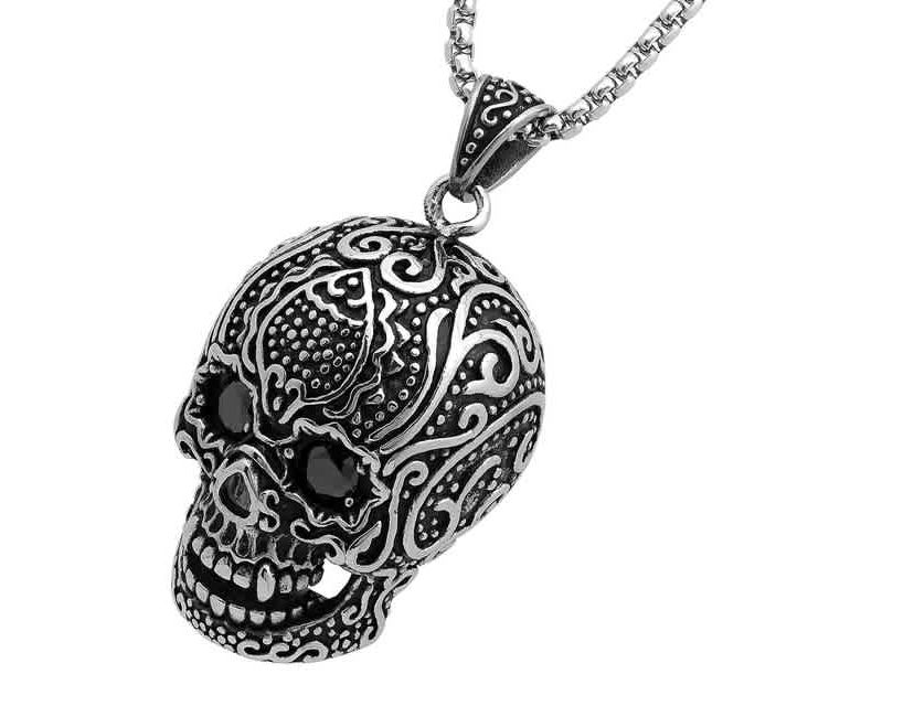 Mens stainless steel skull pendant with black cz