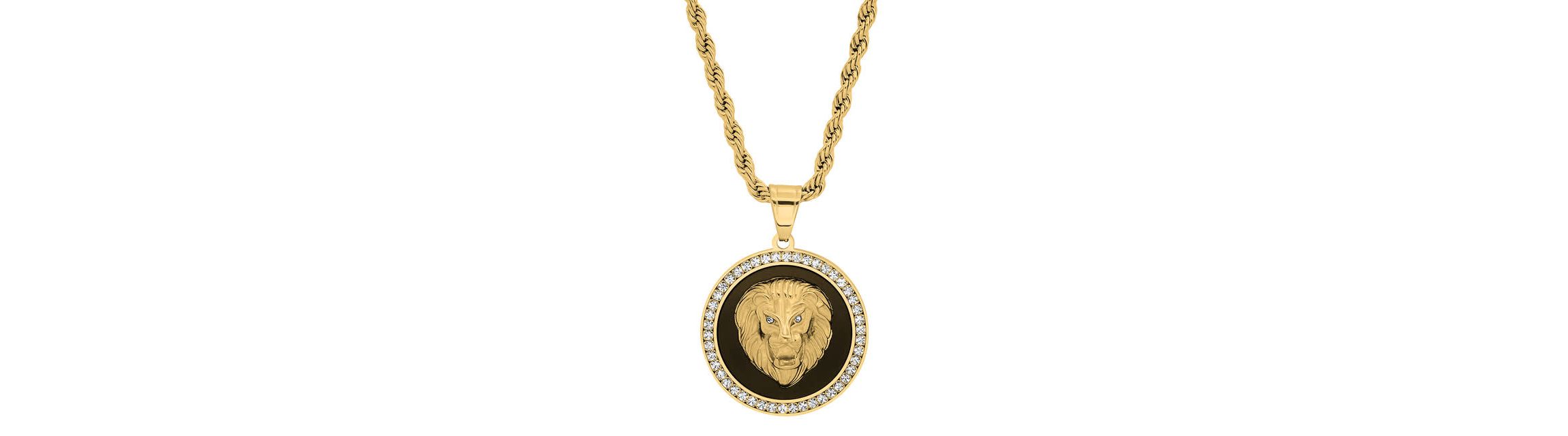 Mens 18k gold plated stainless steel, black enamel and simulated diamonds lion head round pendant