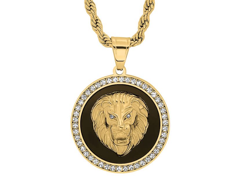 Mens 18k gold plated stainless steel, black enamel and simulated diamonds lion head round pendant